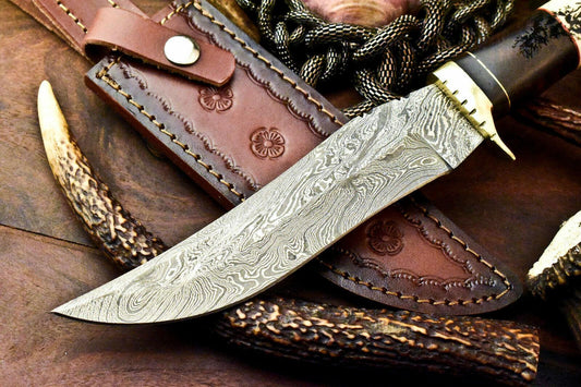 12" Damascus Bowie Knife | Laser Etched Blade & Camel Bone Handle with Leather Sheath