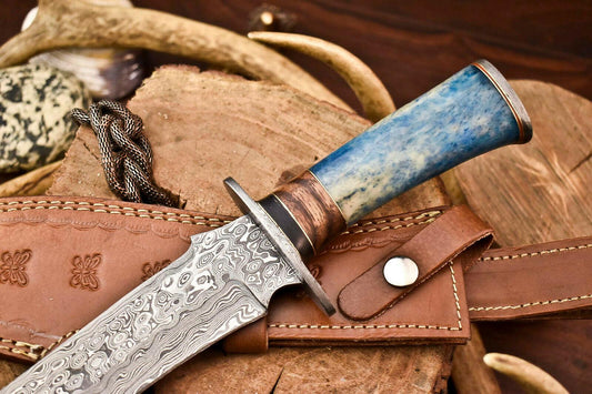 15 Inch Handmade Damascus Steel Bowie Knife with Camel Bone Handle