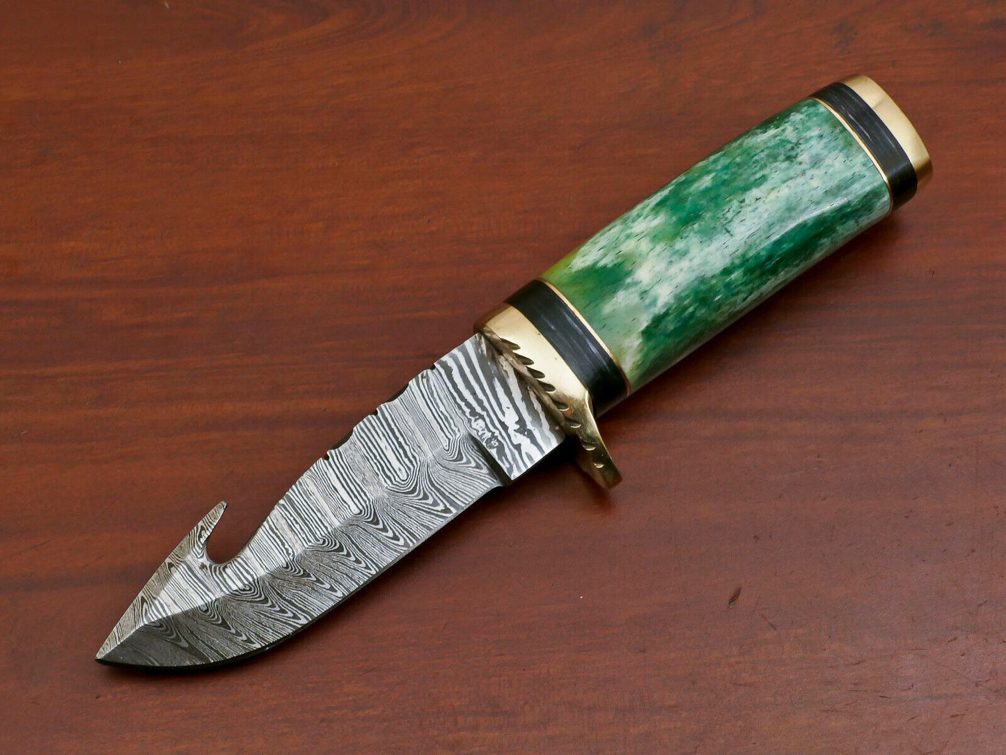 8" Damascus Gut Hook Bowie Knife with Stained Bone & Pakka Wood Handle