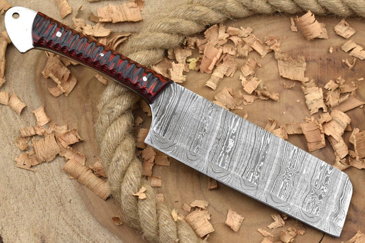 Custom Handmade Damascus Steel Chef Knife – 11" Kitchen Knife with 6" Blade & Red/Black Dollar Cleaver Sturl Open Tang Handle