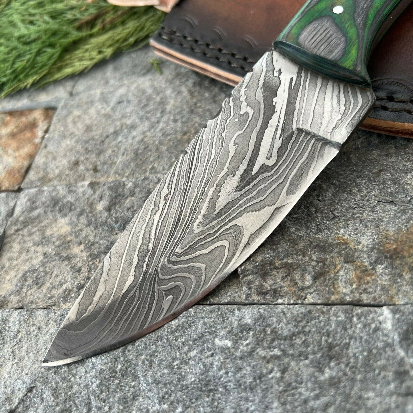9 Inch Damascus Steel EDC Bowie Knife with Wood Handle and Leather Sheath