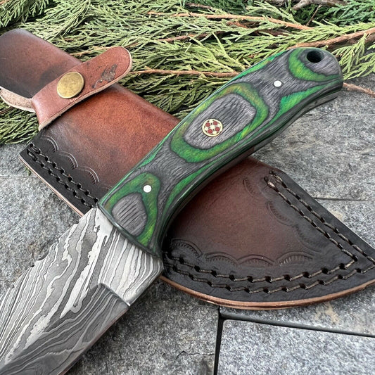 9 Inch Damascus Steel EDC Bowie Knife with Wood Handle and Leather Sheath