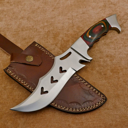 Custom Handmade 12-Inch D2 Clip Point Full Tang Bowie Hunting Knife with Leather Sheath