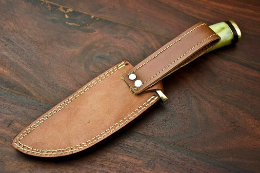 12" Handmade Damascus Bowie Knife | Camel Bone Handle & Leather Sheath
