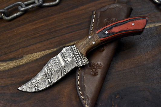 8.0" Twist Damascus Skinner Knife Hardwood Handle Wooden Bolster Gift Knife