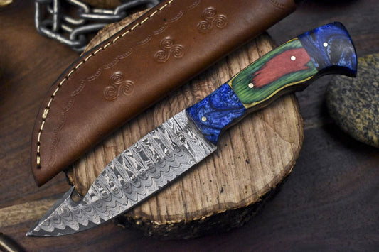 9.5 in Forged Skinner Knife w/Gut Hook Ladder Damascus Hard Wood Outdoor