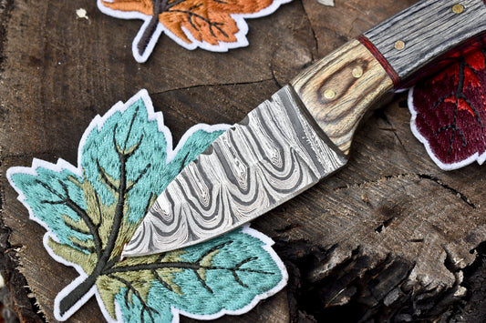 Handmade Twist Damascus Skinner Knife 6 Inch with Hard Wood Handle and Wooden Bolster W/ Leather Sheath