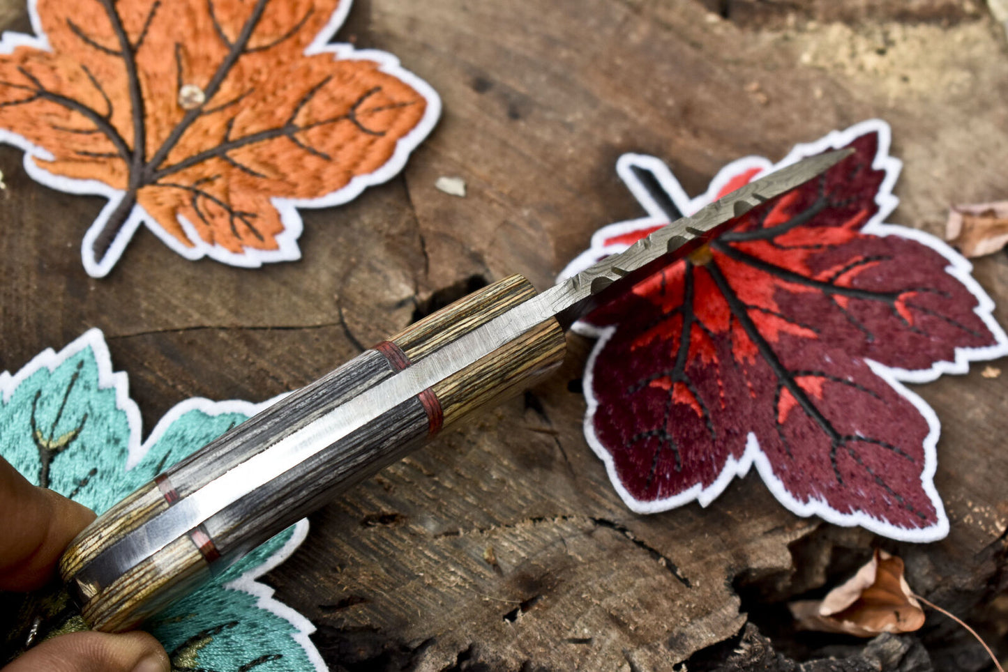 Handmade Twist Damascus Skinner Knife 6 Inch with Hard Wood Handle and Wooden Bolster W/ Leather Sheath