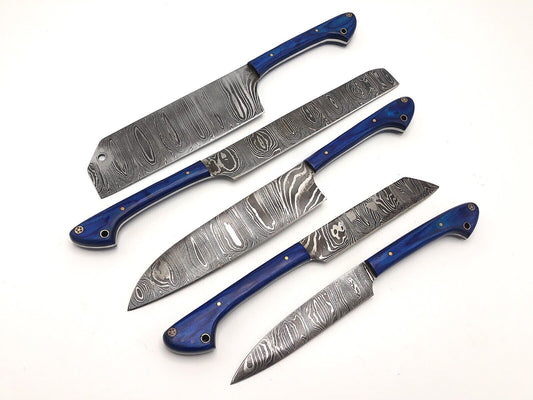 Handmade Damascus Steel Chef Knife Set with Bag, Forged Kitchen Knife Set