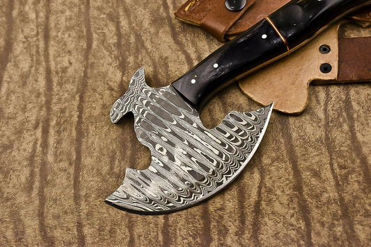 Hand Forged Damascus Steel Ram's Horn Hunting Clever Chopper Axe Knife with Leather Sheath