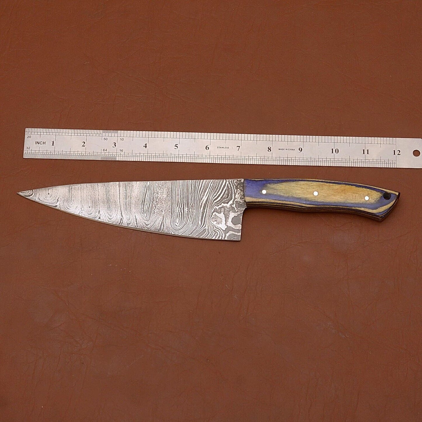 Handmade Damascus Steel Chef Knife | 12" Full Tang Kitchen Knife with Wood Handle & Leather Sheath