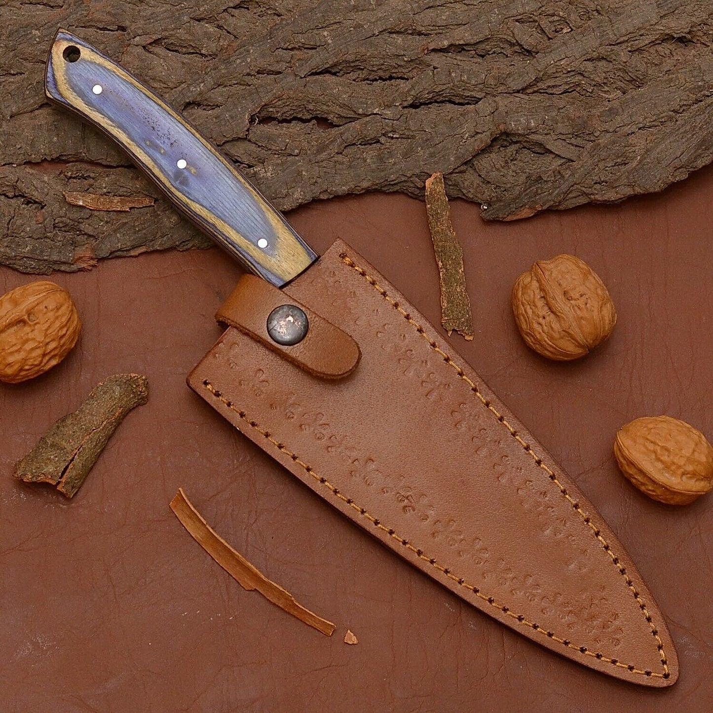 Handmade Damascus Steel Chef Knife | 12" Full Tang Kitchen Knife with Wood Handle & Leather Sheath