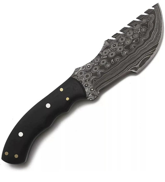 Handmade Damascus Tracker Knife – 10" Full Tang Hunting, Survival, Bushcraft & Camping Knife with Wood Handle & Leather Sheath