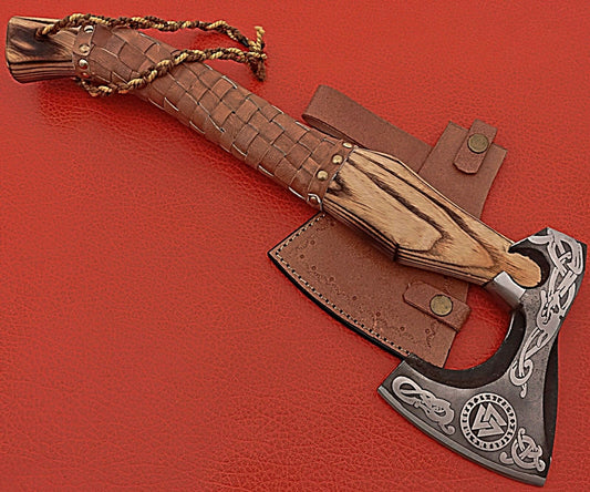 Hand Forged Viking Axe Etched Carbon Steel Engraved Axe 17.5-Inch