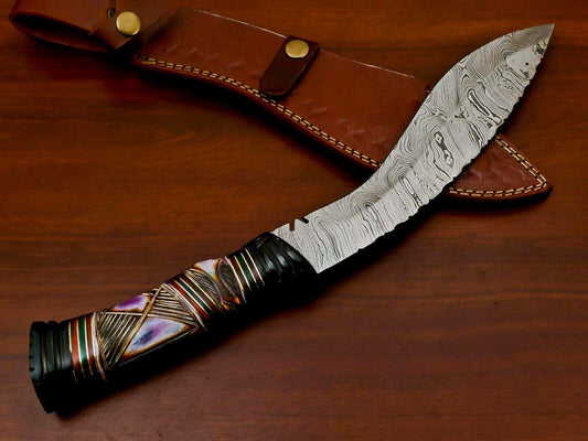 14.5" Handmade Damascus Khukri Bowie Knife – Engraved Bone & Pakka Wood