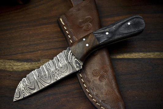 7.5" Twist Damascus Skinner Knife Hardwood Handle Wooden Bolster Custom Hunting Knife
