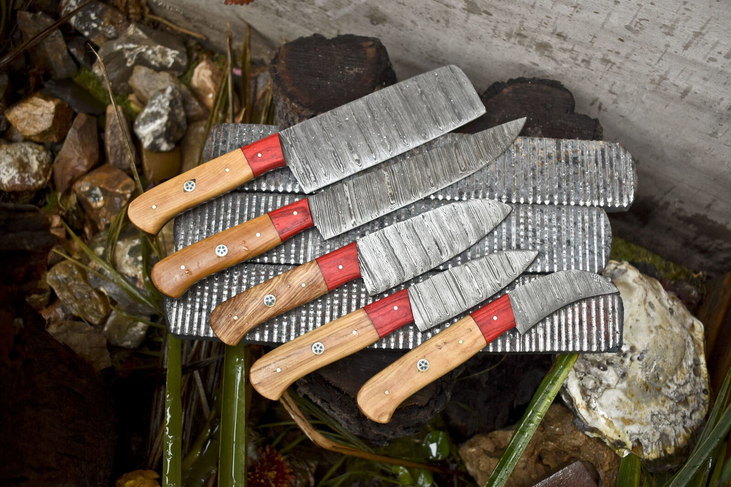 Handmade Damascus Chef Knife Set of 5 – Ash Wood Handle with Wooden Bolster – Camping & Kitchen Rare