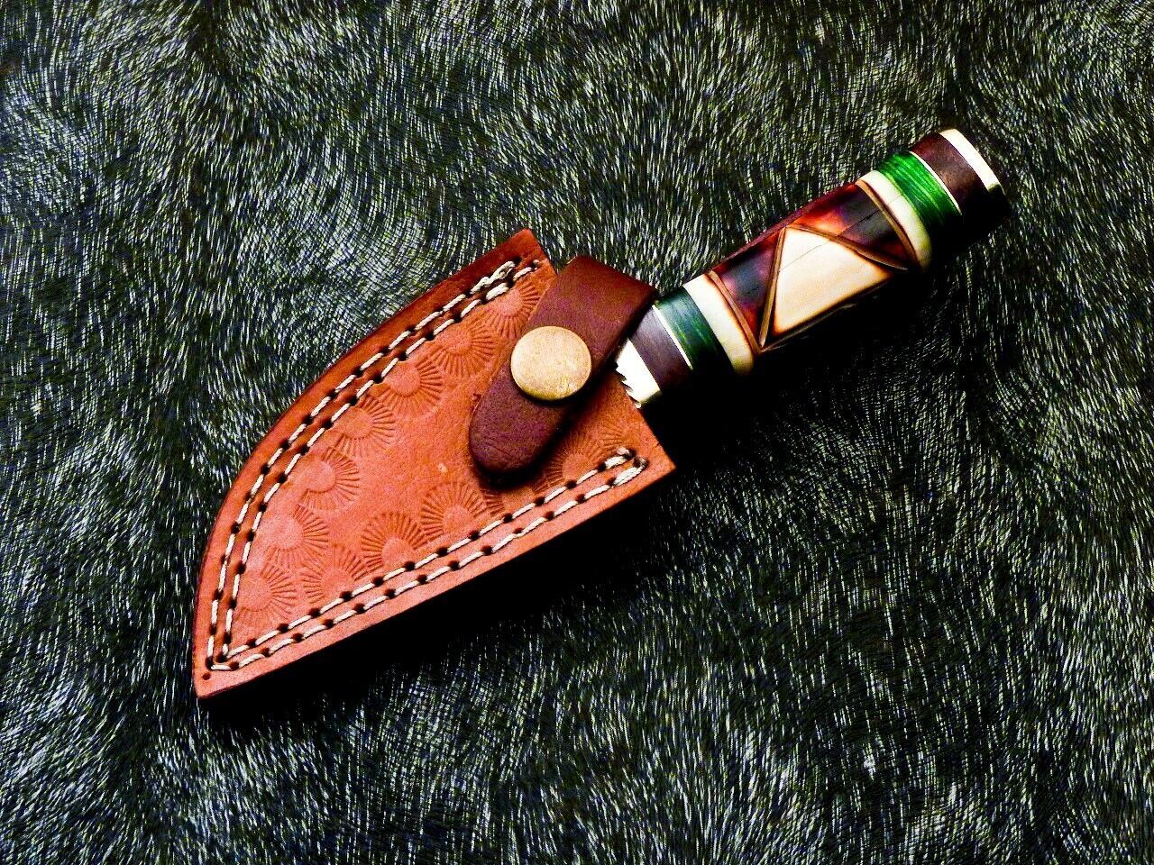 6" Compact Damascus Bowie Knife – Engraved Camel Bone & Hardwood Handle