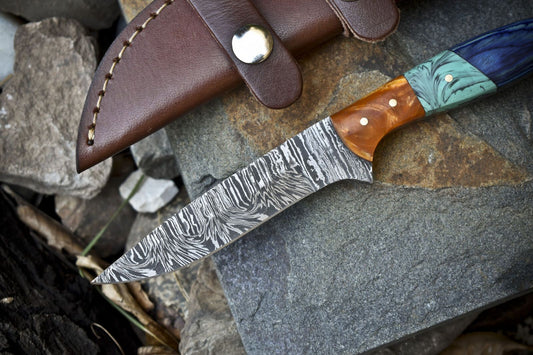 Custom Forged Twist Damascus Skinner Knife 8" Mixed Handle Hunting Hiking Blade