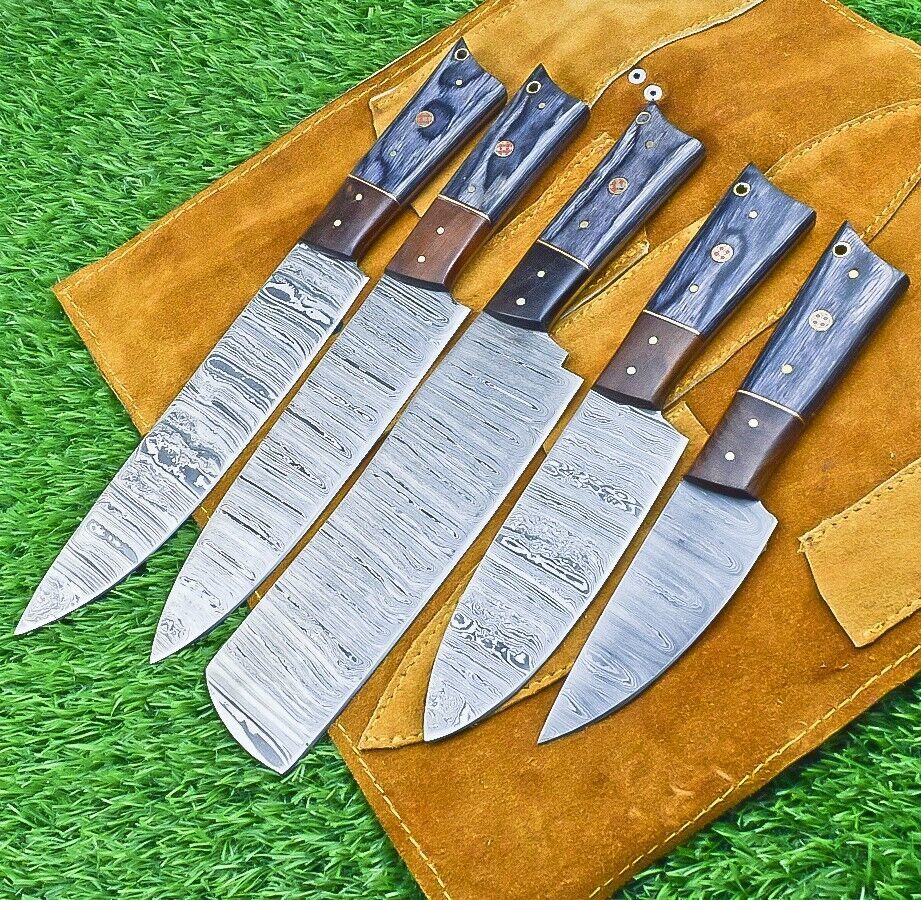 5-Piece Custom Handmade Damascus Steel Chef Knife Set with Wood Handles & Sheath