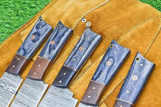 5-Piece Custom Handmade Damascus Steel Chef Knife Set with Wood Handles & Sheath