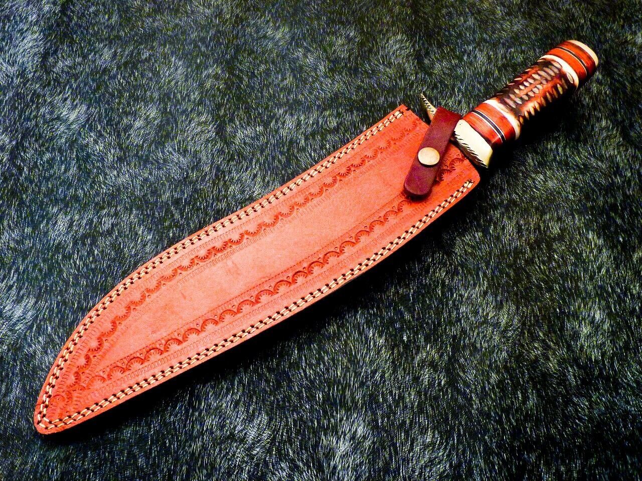 17 Inch Handmade Damascus Steel Bowie Knife with Engraved Camel Bone Handle