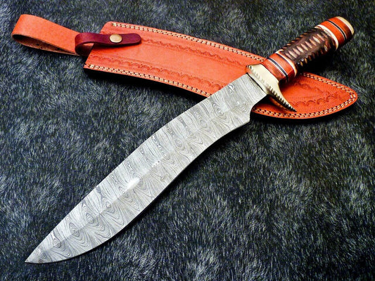 17 Inch Handmade Damascus Steel Bowie Knife with Engraved Camel Bone Handle