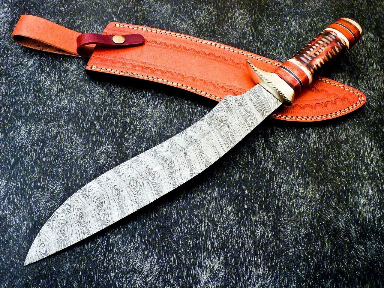 17 Inch Handmade Damascus Steel Bowie Knife with Engraved Camel Bone Handle