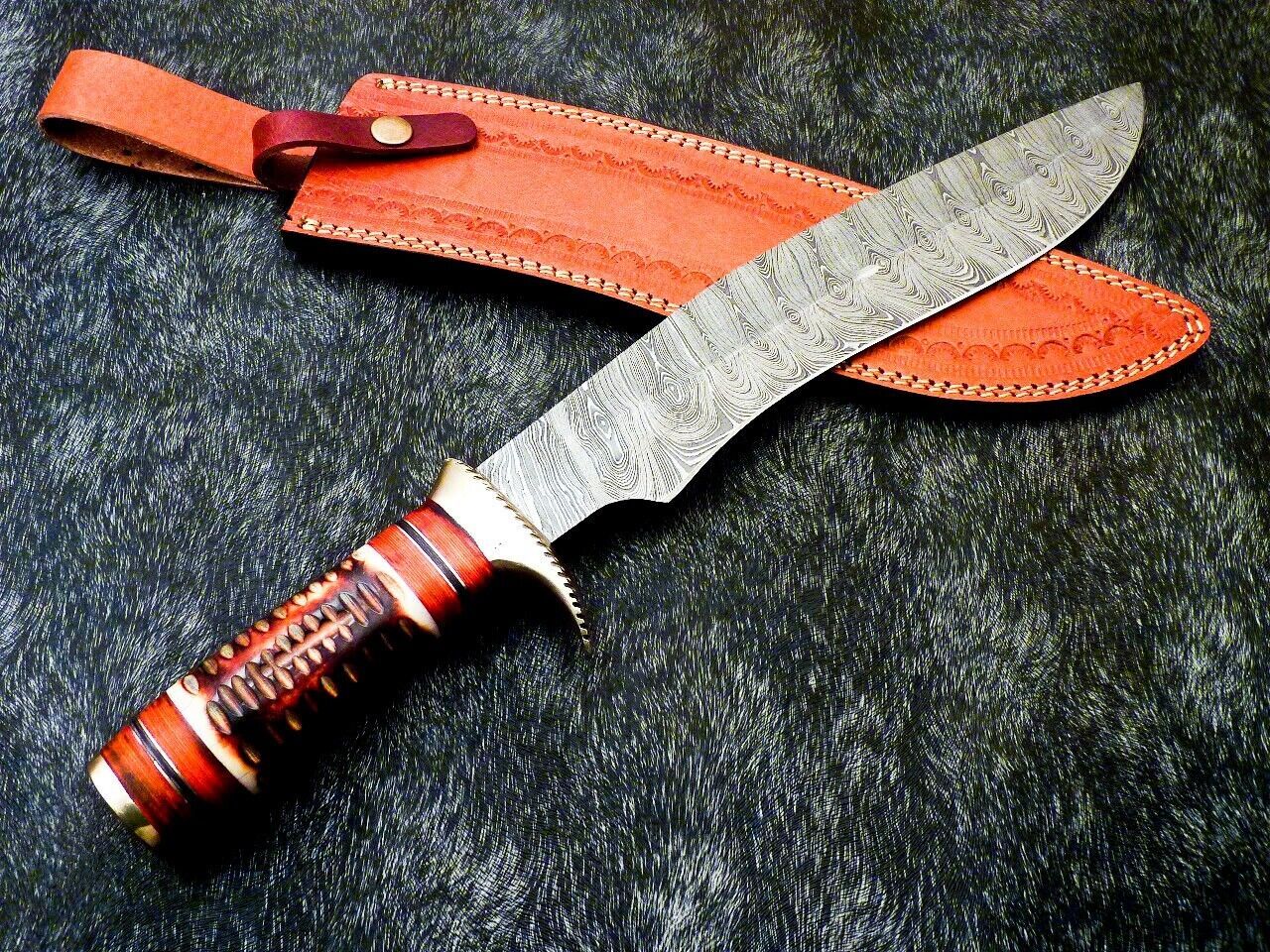 17 Inch Handmade Damascus Steel Bowie Knife with Engraved Camel Bone Handle