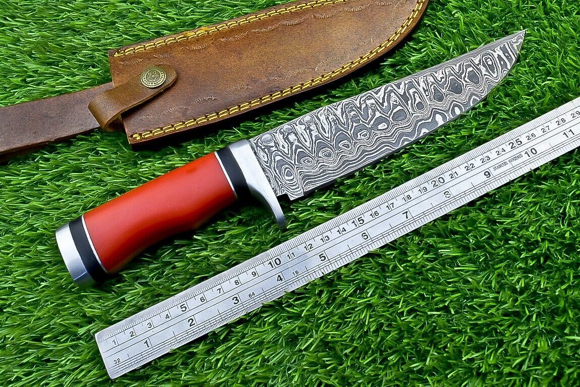 Heritage Forge 12 Inch Handmade Damascus Steel Bowie Knife with Resin Handle and Leather Sheath