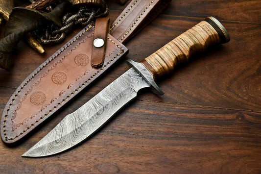 Heritage Forge 12.5 Inch Handmade Damascus Bowie Knife with Stacked Leather Handle