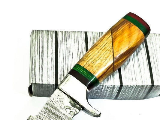 12.75 Inch Damascus Steel Bowie Hunting Knife with Wood Handle and Steel Guard