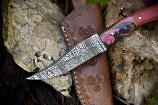 Twist Damascus Skinner Knife Mixed Handle Handmade Fixed Blade Fishing Tool