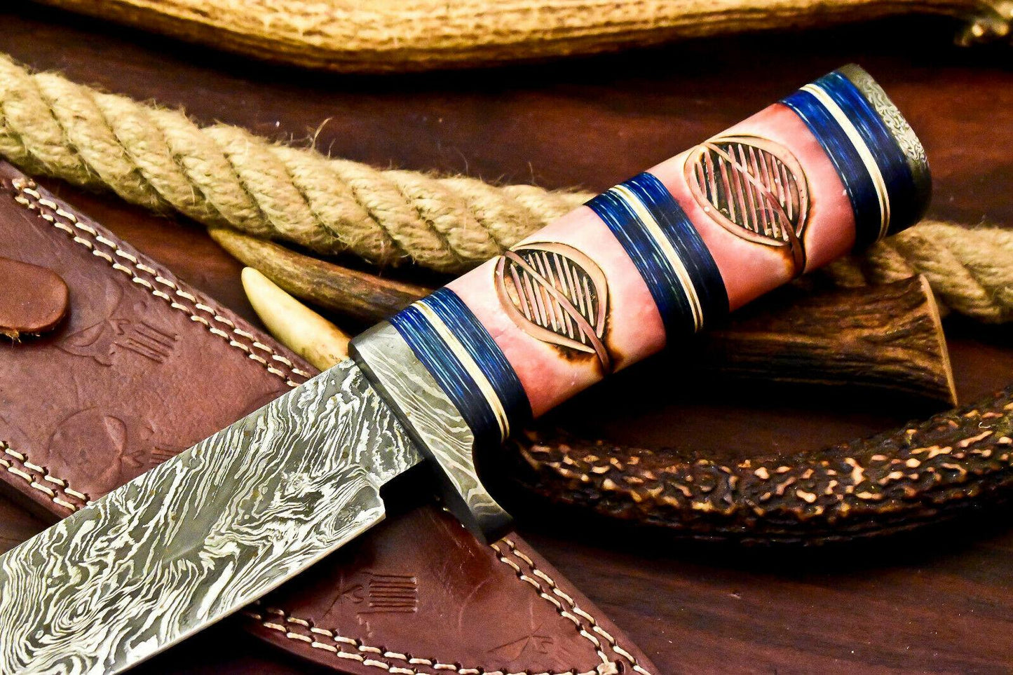 Damascus Steel Bowie Knife with Camel Bone Handle