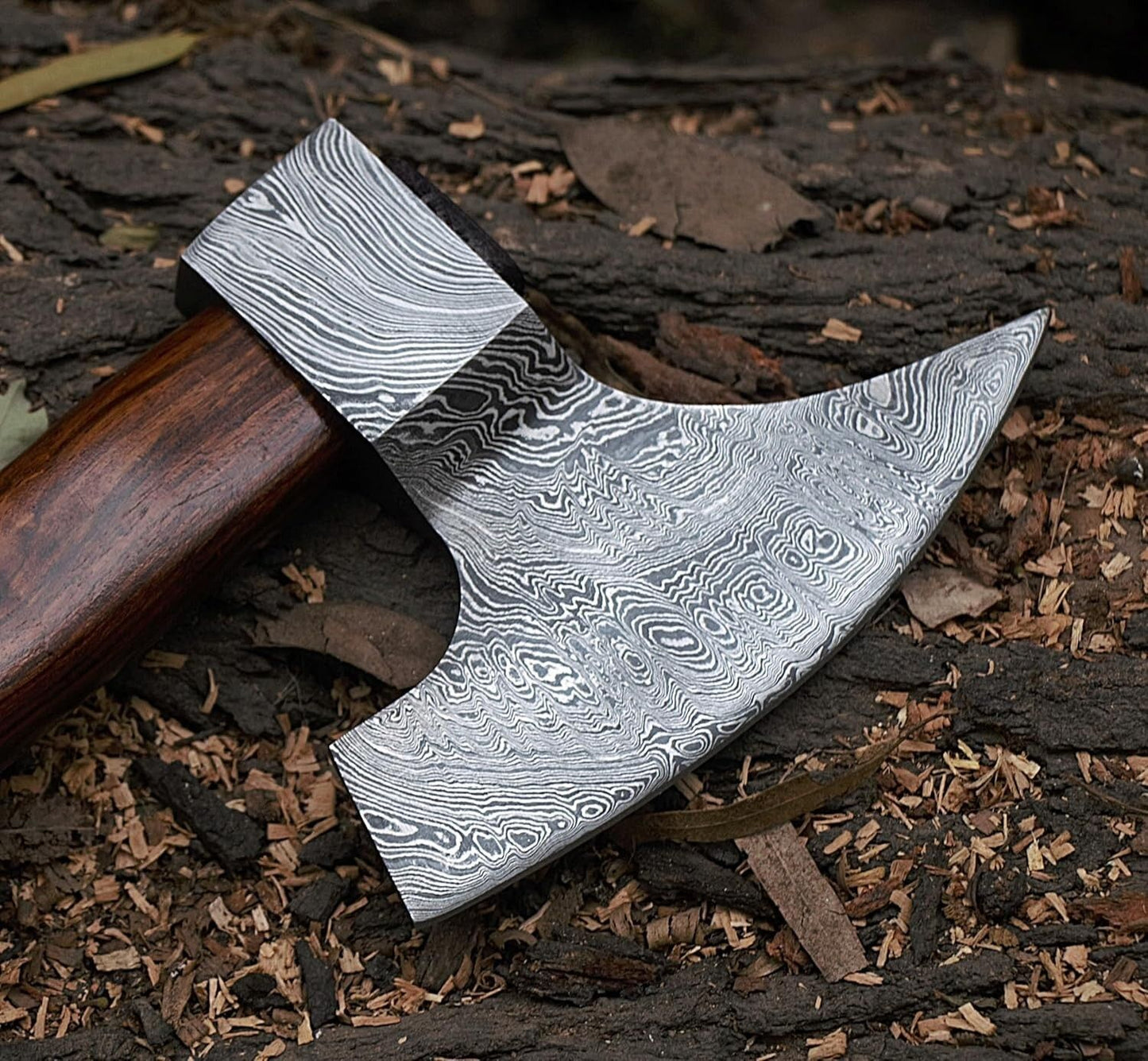 Hand Forged Damascus Steel Axe | Bearded Goosewing Damascus Axe with Wood Handle & Leather Sheath