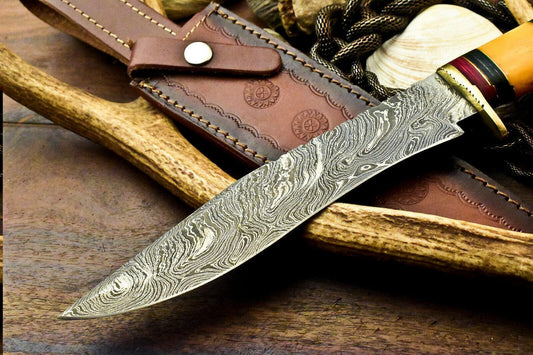 13" Handmade Damascus Steel Bowie Knife | Stained Camel Bone Handle