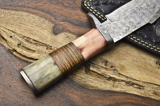 Hot Item Skinner Knife Rain Drop Damascus Camel Bone and Wood EDC with Leather Sheath