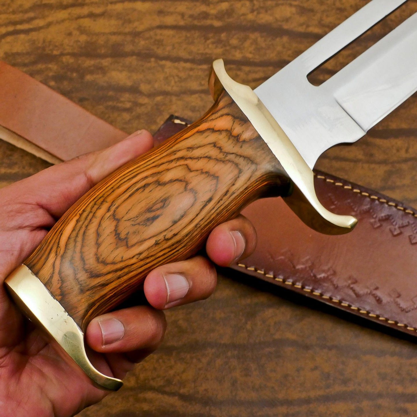Handmade 12-Inch D2 Steel Clip Point Bowie Hunting Knife with Pakka Wood Handle & Leather Sheath