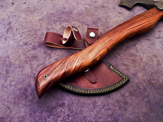 Unique Handmade Damascus Steel Axe 16-Inch with Natural Wood Handle and Leather Sheath