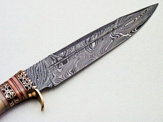Heritage Forge Damascus Steel Bowie Knife with Camel Bone Handle and Leather Sheath