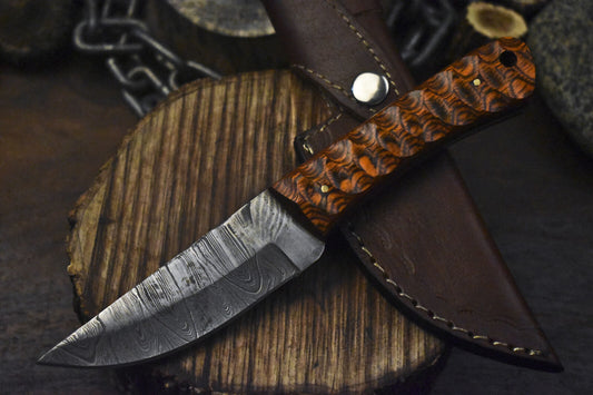 Twist Damascus Skinner Knife Hardwood Handle EDC Handmade Fixed Blade