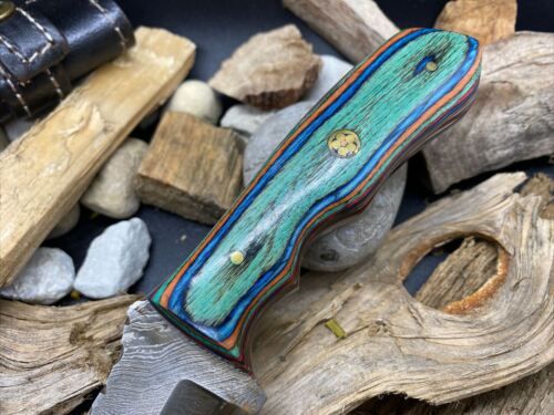 Handmade Damascus Steel Mini Hunting Tracker Knife with Wood Handle & Leather Sheath