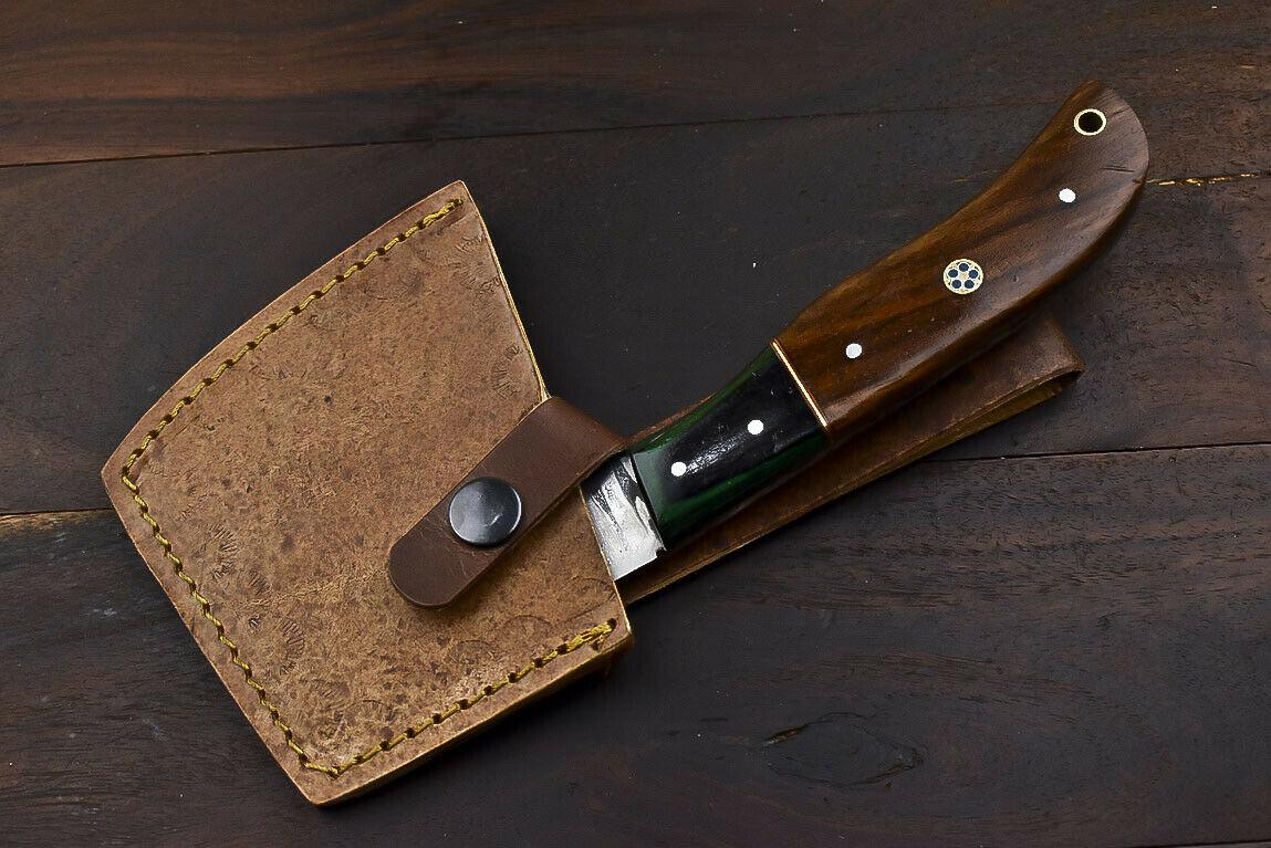 Handmade Forged Damascus Steel Axe Walnut Wood Hunting Clever Chopper Knife with Leather Sheath
