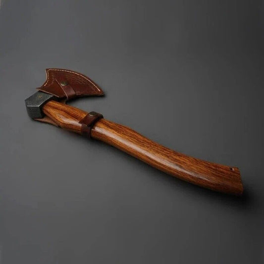 Custom Handmade Damascus Steel Viking Axe 18-Inch with Rose Wood Handle and Leather Sheath