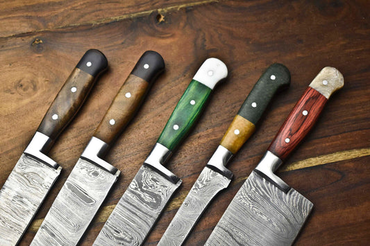 Exclusive Set of 5 Handmade Hammered Damascus Steel Chef Knives – Premium Forged Blades