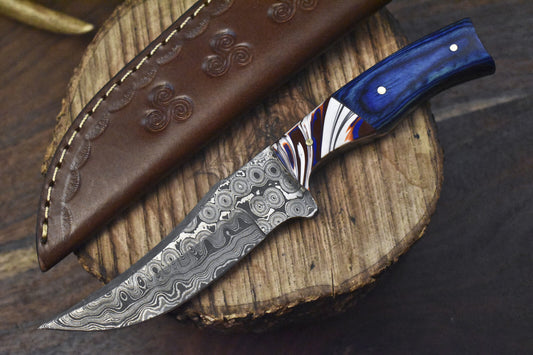 8.0" Custom Rain Drop Damascus Skinner Knife with Hardwood Handle & Micarta Bolster