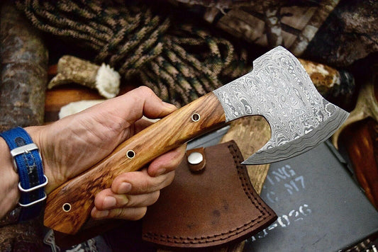 Custom Handmade Ladder Damascus Steel Small Hatchet Axe with Olive Burl Wood Handle