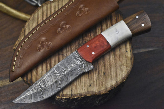 Twist Damascus Skinner Knife with Bone and Wood Handle for Camping & EDC Use
