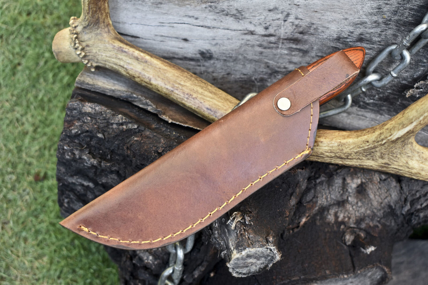 Custom Forged Twist Damascus Skinner Knife with Hard Wood Handle & Wooden Bolster – 9 Inch EDC Hunting Knife