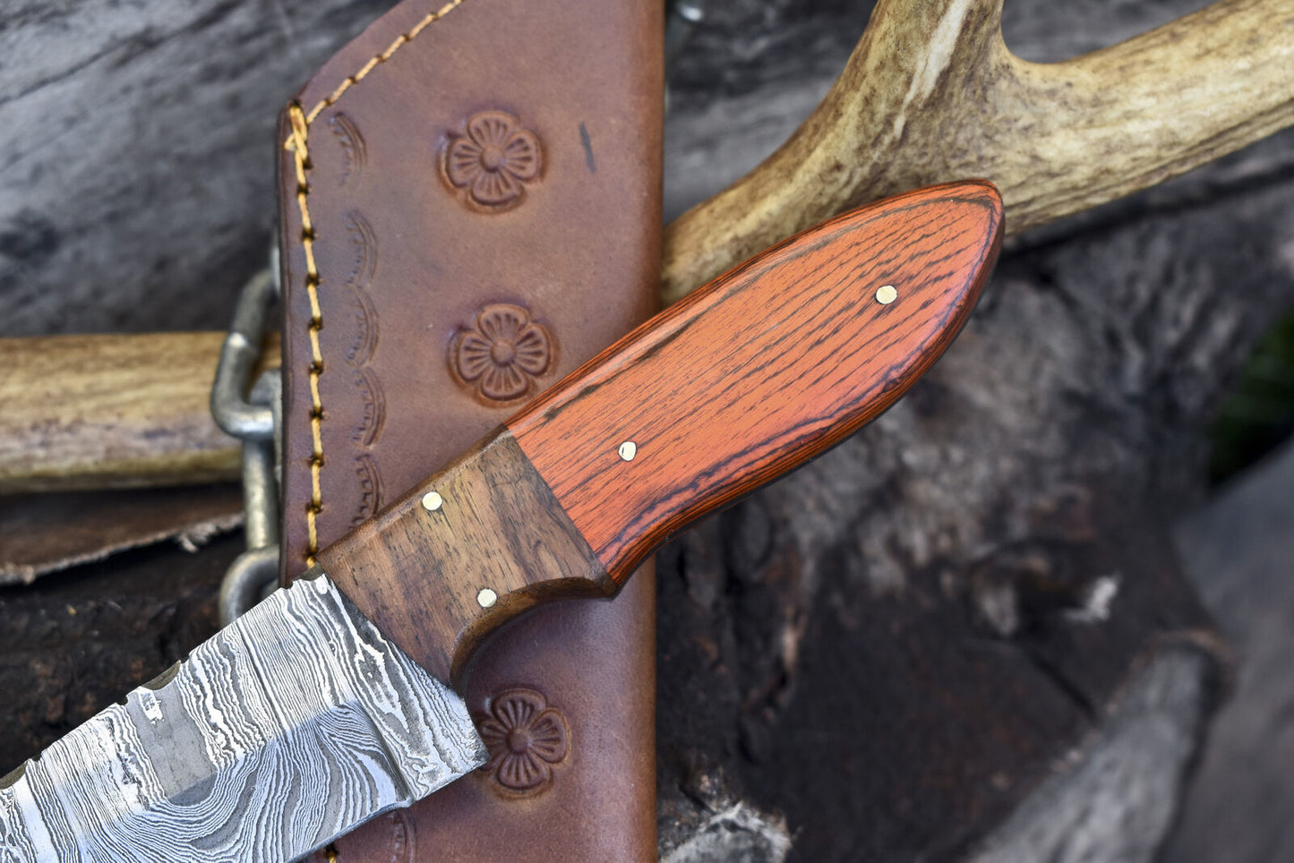 Custom Forged Twist Damascus Skinner Knife with Hard Wood Handle & Wooden Bolster – 9 Inch EDC Hunting Knife